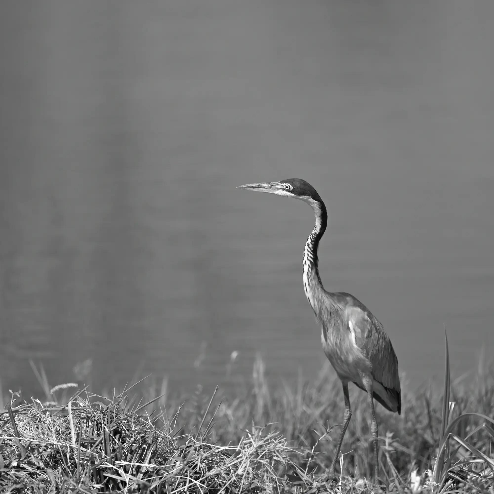 Black-headed heron standing still at a reed edge, still water falling away behind it